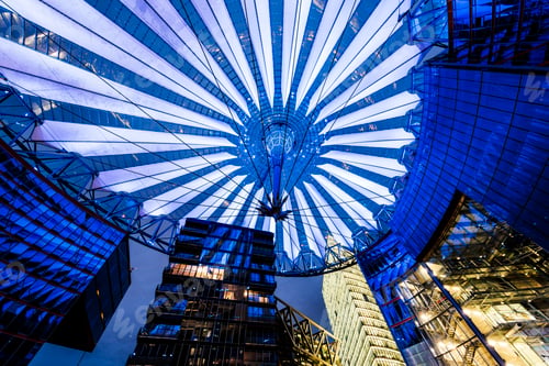 Preview: Central forum glass ceiling of Sony Centre illuminated at night, Potsdamer Platz, Berlin, Germany