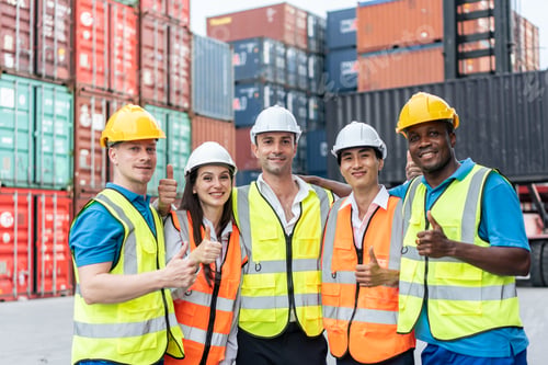 Preview: Portrait group of attractive worker people work in container terminal.