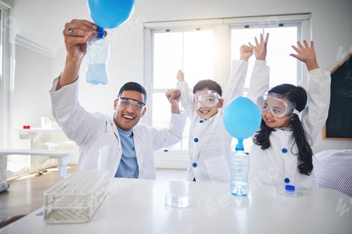 Preview: Science, happy family and father with kids in living room with balloon for chemistry, reaction or e