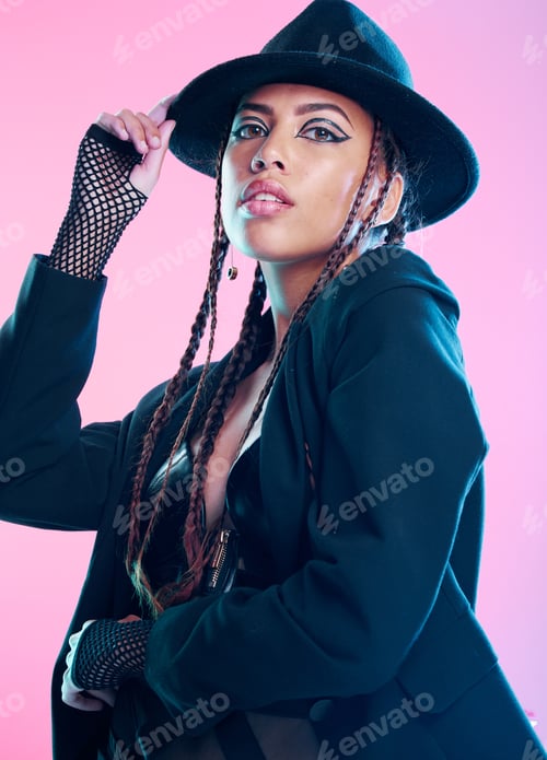 Preview: Woman, beauty and fashion with stylish fine art in makeup, cosmetics or costume against a pink stud