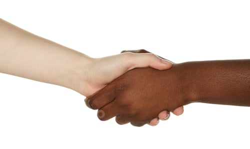 Preview: Stop racism. People of different skin colors shaking hands on white background, closeup