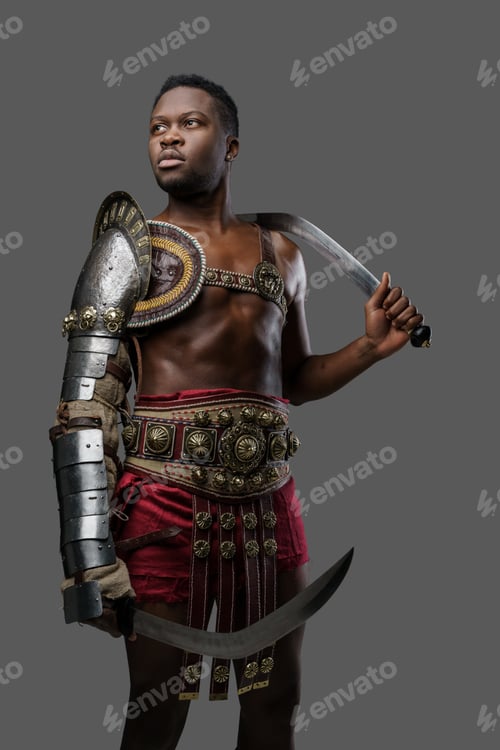 Preview: African roman gladiator with twin swords isolated on gray