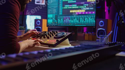 Preview: Sound engineer mixing and mastering sounds with electronic audio console