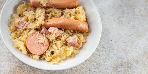 Preview: cabbage sauerkraut garnish meat, sausage tasty fresh eating cooking meal food snack on the table