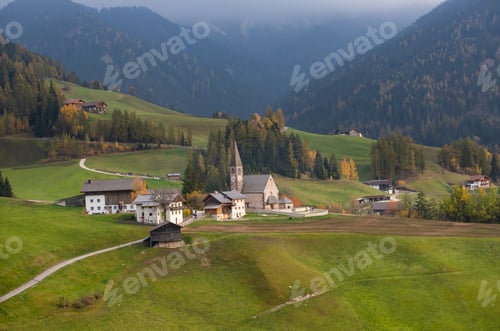 Preview: Santa Maddalena church, Dolomites mountains in magic autumn colors