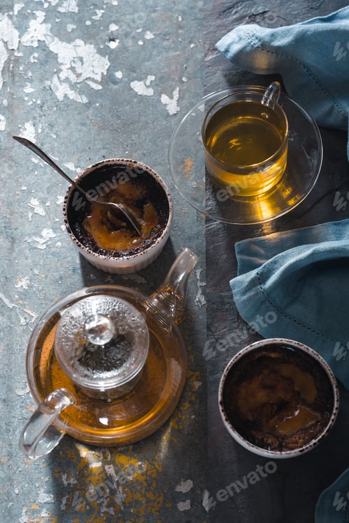 Preview: Cream brulee, tea, napkin copy space
