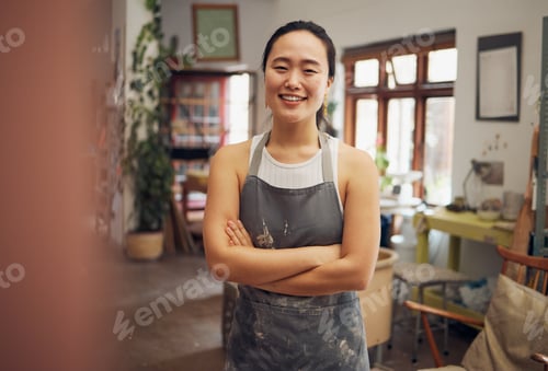 Preview: Asian woman, potter or arms crossed portrait in pottery studio, small business or ceramic workshop.