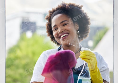 Preview: Black woman, cleaning spray and bottle on windows with cloth for hygiene of bacteria, dust and germ