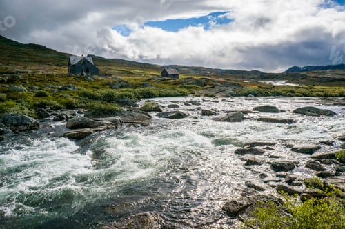 Preview: beautiful landscape with little house on meadow with river, Hardangervidda National Park, Norway,