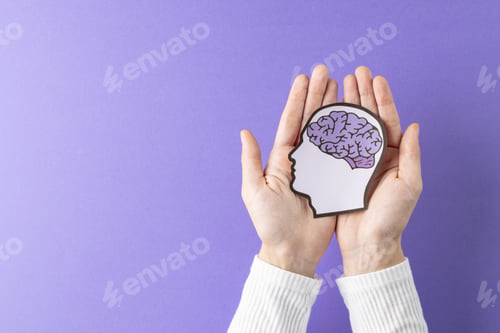 Preview: Composition of hands holding head silhouette with purple brain on purple background, with copy space