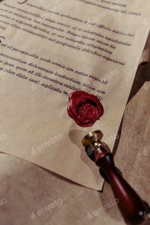 Preview: top view of wax seal on ancient manuscript on parchment surface