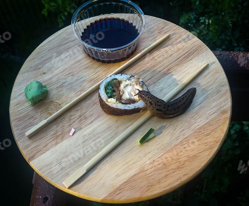 Preview: Closeup shot of a snail dining on a meal on a flat surface