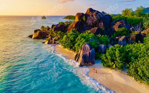 Preview: Anse Source d'Argent beach, La Digue Island, Seyshelles, Drone aerial view of La Digue Seychelles