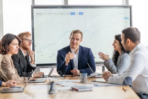 Preview: Business Meeting With Man Presenter Leading Discussion in Modern Office