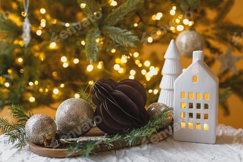 Preview: Merry Christmas! Stylish Christmas baubles on rustic table with fir branches