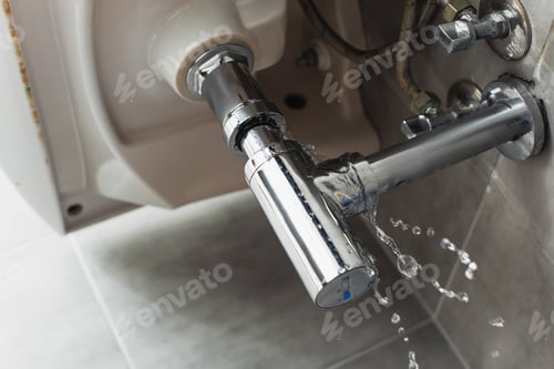 Preview: Leaking steel pipe under sink with water drops