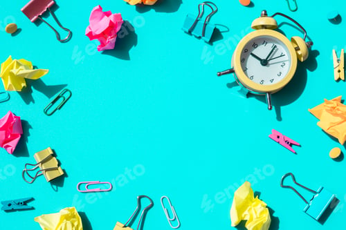 Preview: Frame border made of school stationery supplies and alarm clock. Copy space for your text or
