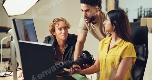 Preview: People, computer and teamwork for photography in studio for production results, talking and review.