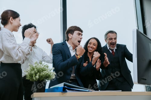 Preview: Successful entrepreneurs and business people group achieving goals, happy corporate team meeting