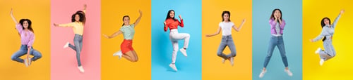 Preview: Great News. Collage of joyful multiethnic women jumping up on colorful backgrounds