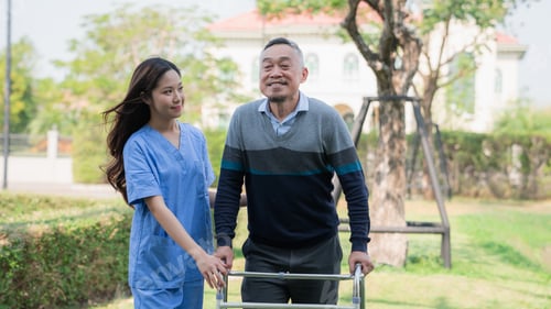 Vorschau: Älterer Mann im Rollstuhl mit Familie und Krankenschwester, symbolisiert Altenpflege und Unterstützung.