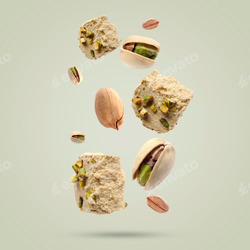 Preview: Sweet pistachio halva and nuts in air on grey background