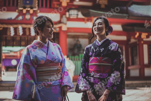 Preview: Two japanese girls wearing kimonos traditional clothes, lifestyle moments