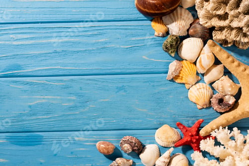 Preview: top view of seashells, starfishes and coral on wooden blue background