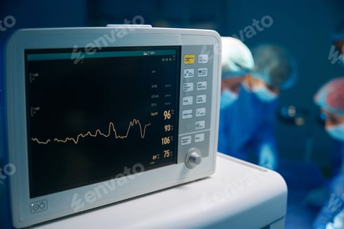 Preview: Heart rate and patient control monitor in hospital theater room
