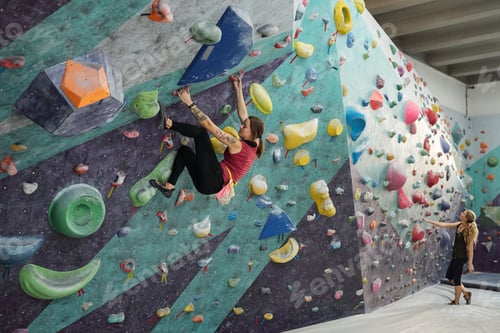 Preview: Young active women practicing climbing while another female standing on mat