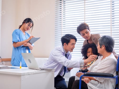 Preview: At hospital room patient sit on wheel chair consult doctor on heart beat prepare for stethoscope