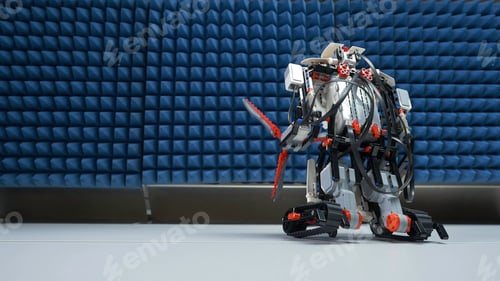 Preview: Small hunan-like robot sited on the table. Modern robot goes on the table close up