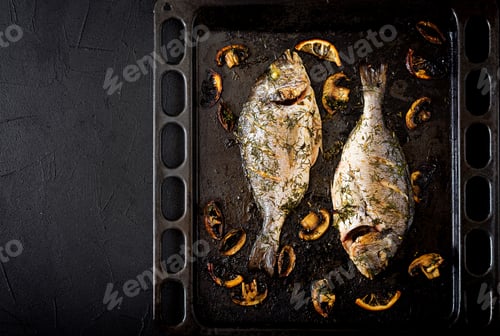 Preview: Baked dorado fish in garlic dill sauce with mushrooms and lemon.Flat lay.Top view