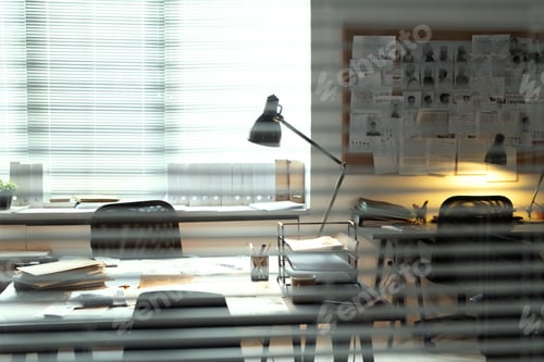 Preview: Part of office of FBI agents with lamp lighting desk with criminal profiles