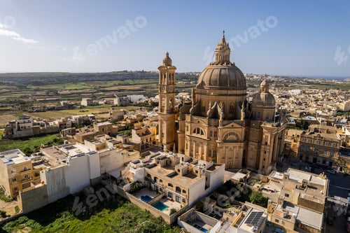 Preview: Rotunda St. John Baptist Church in the town of Xewkija, Gozo, Malta. Aerial drone view