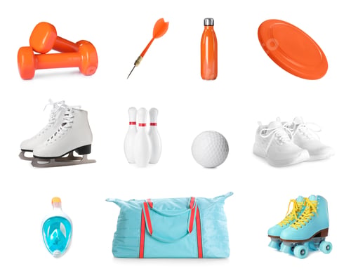 Preview: Set with different sports tools on white background