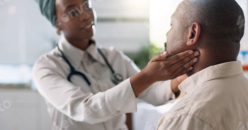 Preview: Hands, doctor and check neck of patient for thyroid exam, touch tonsils and healthcare with African