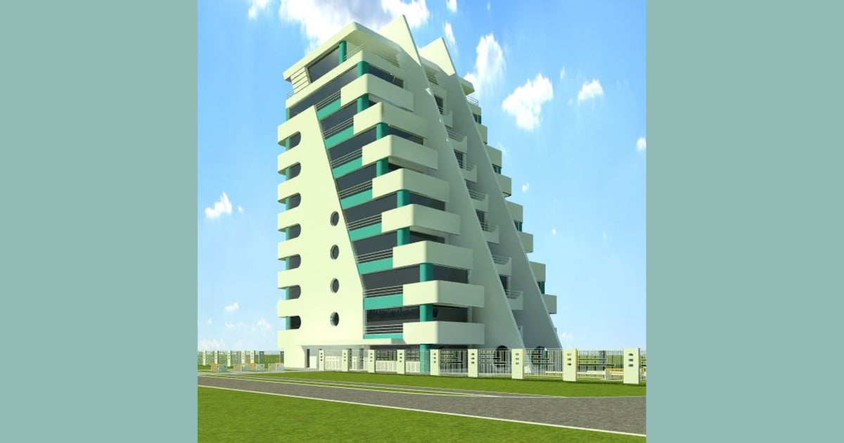 High-rise building with triangular facade and balconies 3D, Incl ...