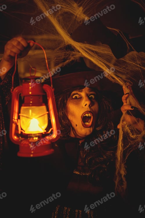 Preview: Witch With Lighted Lantern In Magic Fog