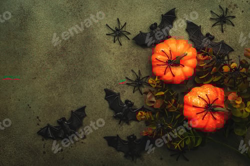 Preview: Happy Halloween swamp green background with pumpkins, bats, spiders, candy corn with copy space