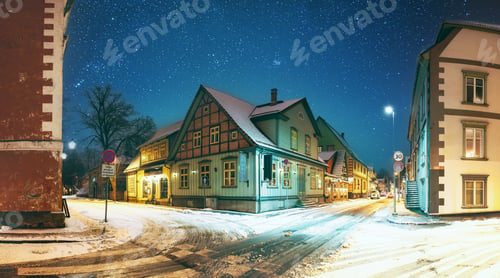 Preview: Parnu, Estonia. Night View Of Kuninga Street With Old Buildings, Houses, Restaurants, Cafe, Hotels