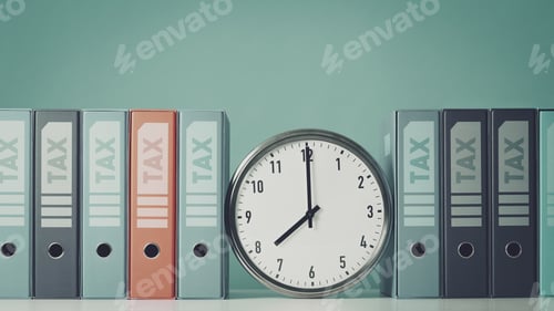 Preview: Ring binders containing tax documents and clock