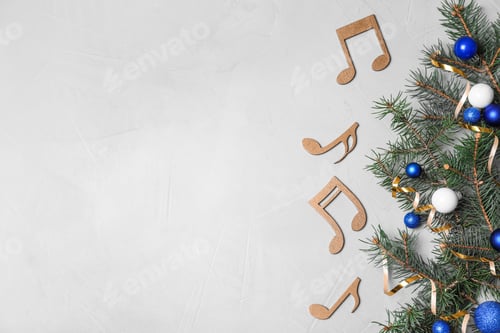 Preview: Composition with wooden music notes and space for text on grey background, top view