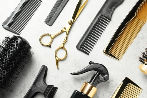 Preview: Hairdressing tools on light background, flat lay
