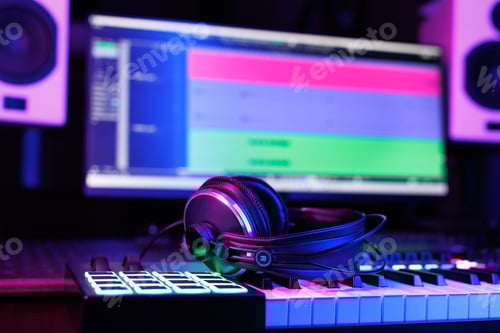 Preview: Headphones and Synthesizer in a Dark Studio
