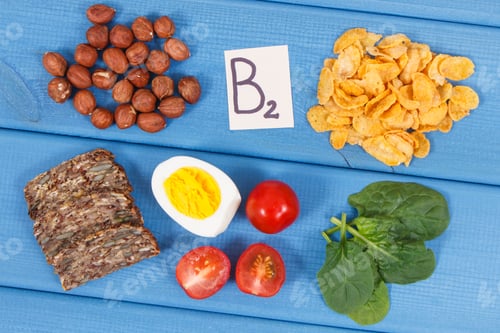 Preview: Ingredients containing vitamin B2 and dietary fiber, healthy nutrition concept