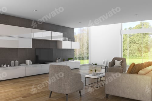 Preview: 3d rendering modern wood living room with nice garden view