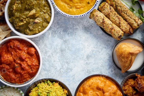 Preview: Assorted indian food on stone background. Dishes of indian cuisine