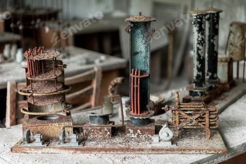 Preview: abandoned small metallic construction on dirty table