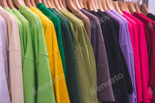 Preview: Row of colorful T-shirts hanging on clothing rack display for sale at shopping mall